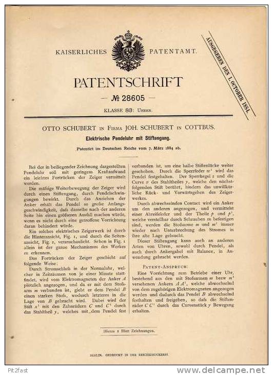 Original Patentschrift - O. Schubert In Cottbus , 1884 , Elektrische Pendeluhr Mit Stiftengang !!! - Altri & Non Classificati