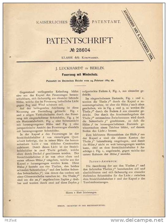 Original Patentschrift - Feuerzeug Mit Windschutz , 1884 , J. Luckhardt In Berlin , Sturmfeuerzeug !!! - Otros & Sin Clasificación