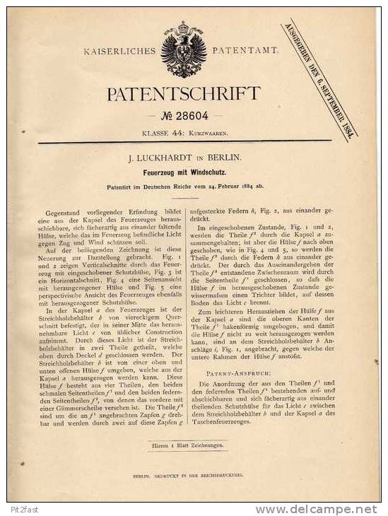Original Patentschrift - Feuerzeug Mit Windschutz , 1884 , J. Luckhardt In Berlin , Sturmfeuerzeug !!! - Sonstige & Ohne Zuordnung
