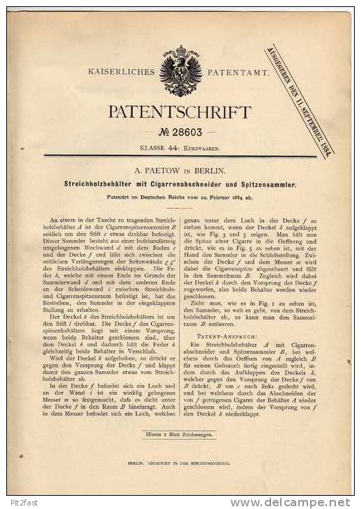 Original Patentschrift - A. Paetow In Berlin , 1884 , Behälter Für Streichhölzer Mit Cigarrenabschneider !!! - Zündholzschachteln