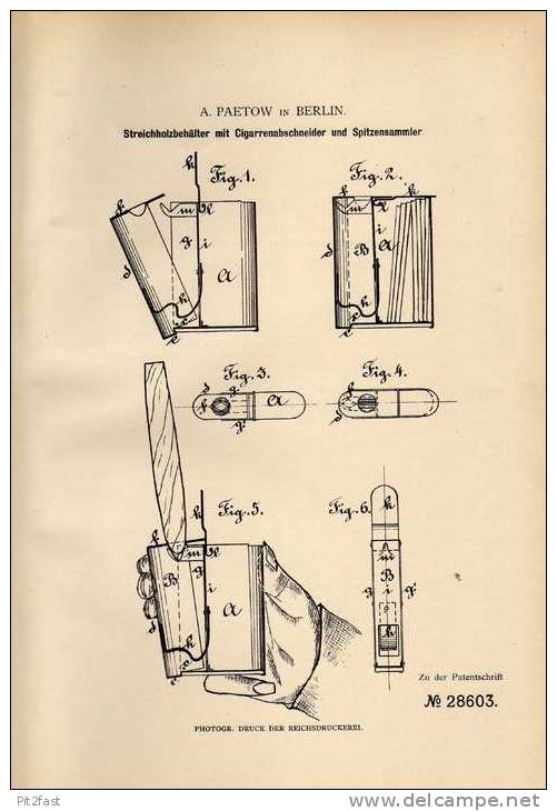 Original Patentschrift - A. Paetow In Berlin , 1884 , Behälter Für Streichhölzer Mit Cigarrenabschneider !!! - Scatole Di Fiammiferi