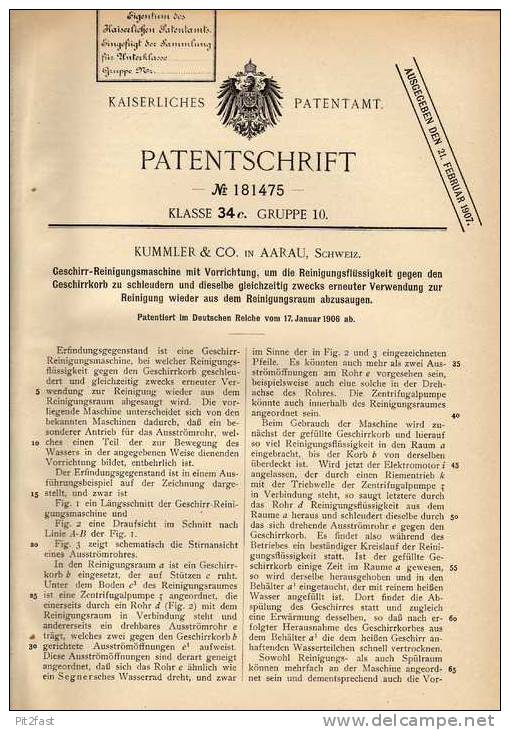 Original Patentschrift - Kummler & Co In Aarau , 1906 , Geschirr - Reinigungsmaschine , Geschirrspüler !!! - Machines