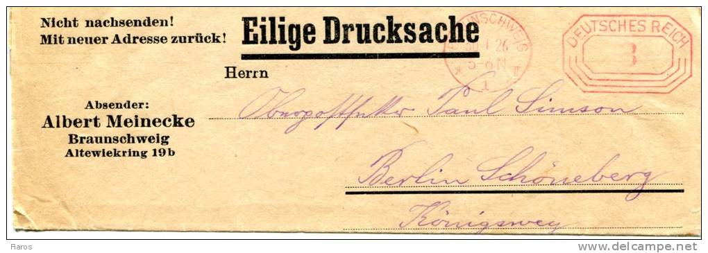 Germany- Wrapper (Eilige Drucksache) -posted From Braunschweig [canc.30.1.1926] To Berlin Schoneberg (w/ Meter Pmrk) - Machines à Affranchir (EMA)