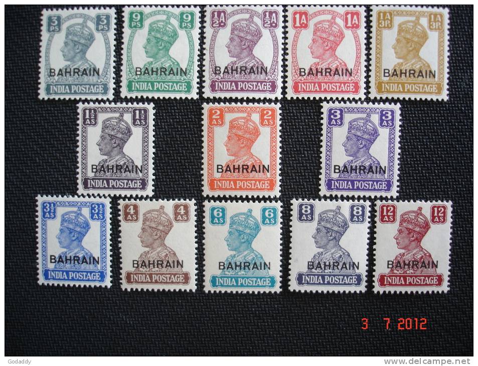 Bahrain  1942  KG VI  India Opt Bahrain  Set Of 13  SG 38 To 50  MH - Bahrein (...-1965)