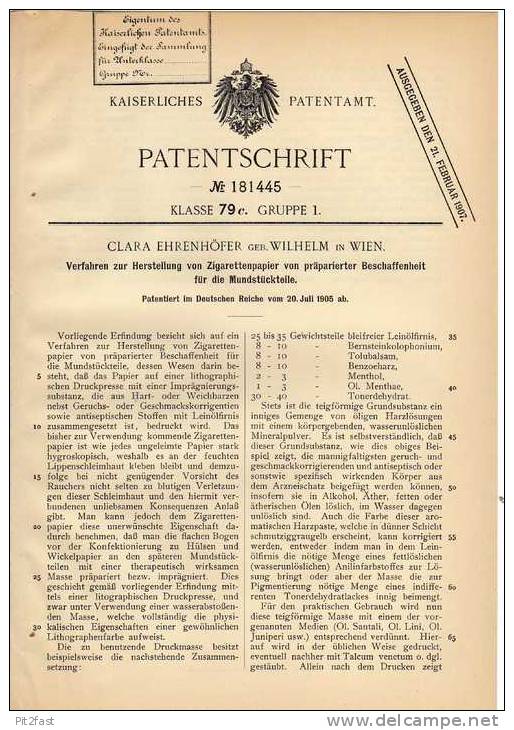 Original Patentschrift - C. Ehrenhöfer In Wien , 1905 , Zigarettenpapier Für Mundstücke !!! - Documenten