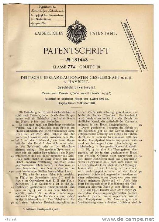 Original Patentschrift - Deutsche Reklame -Automaten GmbH In Hamburg , 1906 , Geschicklichkeitsspiel !!! - Antikspielzeug