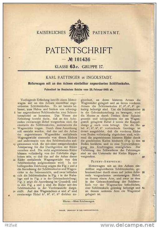 Original Patentschrift - K. Rattinger In Ingolstadt , 1905 , Motorwagen Mit Schlittenkufen , Automobile !!! - Cars