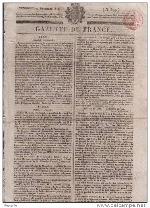 GAZETTE DE FRANCE 12 12 1817 - TYROL - RODEZ - CENSURE LIBERTE DE LA PRESSE - 1800 - 1849