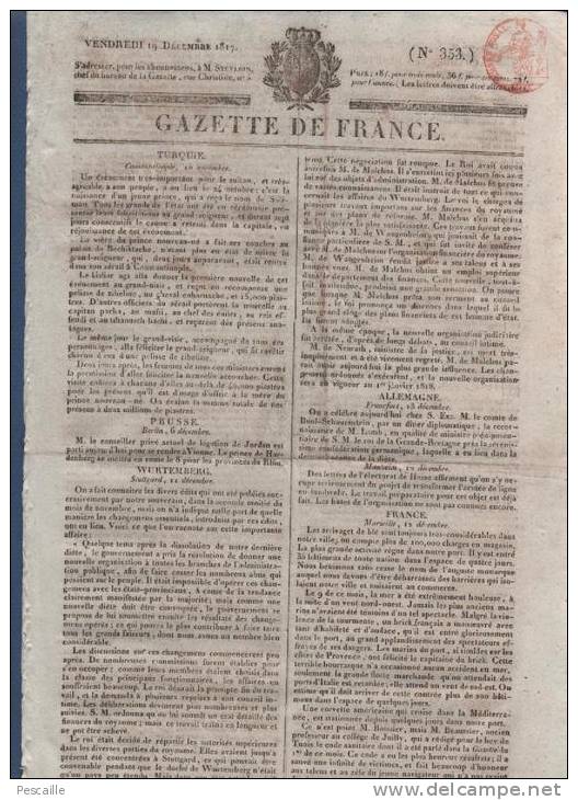 GAZETTE DE FRANCE 19 12 1817 - TURQUIE CONSTANTINOPLE - STUTTGART - MARSEILLE - CENSURE LIBERTE DE LA PRESSE - - 1800 - 1849