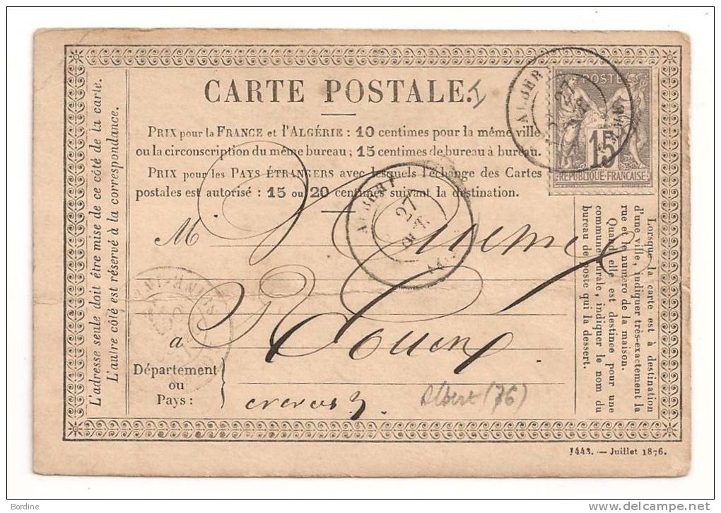 Lettre - SOMME - ALBERT - CP Précurseur Affranchie Avec N°66 + Càd T.18 - 1876 - 1876-1878 Sage (Type I)