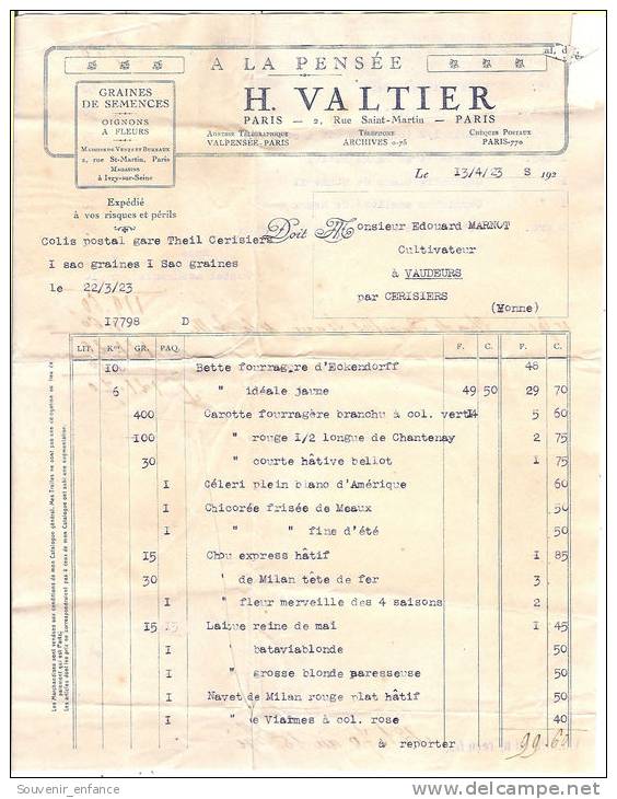 Facture H Valtier 2 Rue Saint Martin  Paris Graines De Sémences Ivry Sur Seine 1923 - Agricultura