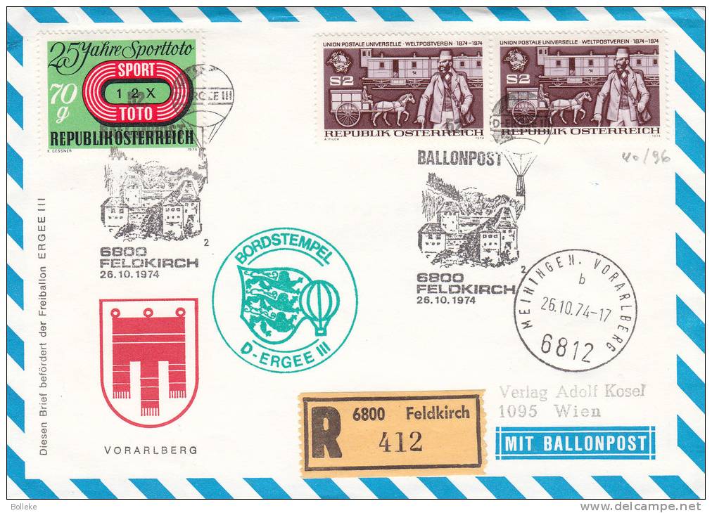 Autriche - Montgolfières - Vol Par Ballon - Lettre Recommandée De 1974 - UPU - Chevaux - Par Ballon