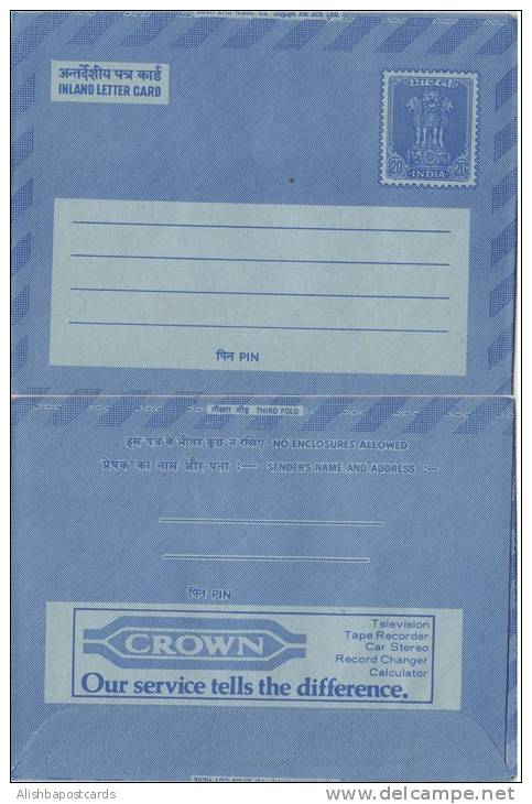 India 20p Inland Letter Advertisement Postal Stationery, Crown TV, Our Service Tell The Difference, Inde, Indien - Inland Letter Cards