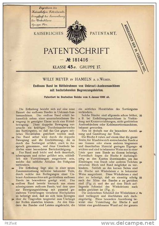 Original Patentschrift - W. Meyer In Hameln A.d. Weser , 1906 , Unkraut - Auslesemaschine , Rüttelrahmen !!! - Documentos Históricos