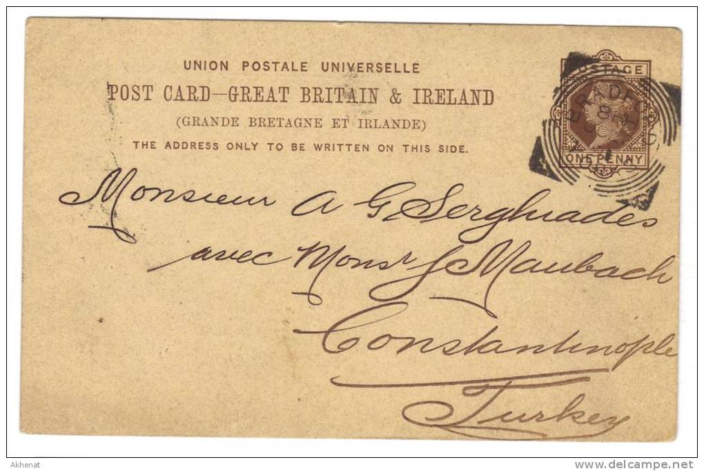ENG99 - U.K. , Vittoria Intero  Per Costantinople (Turkey) Da Bradford 28 Oc 1891 - Lettres & Documents