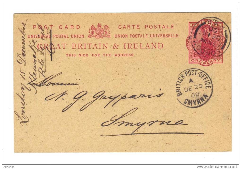 ENG115 - U.K. , Vittoria Intero  Per Smyrna (Turkey) Da London 15 De 1900. - Brieven En Documenten