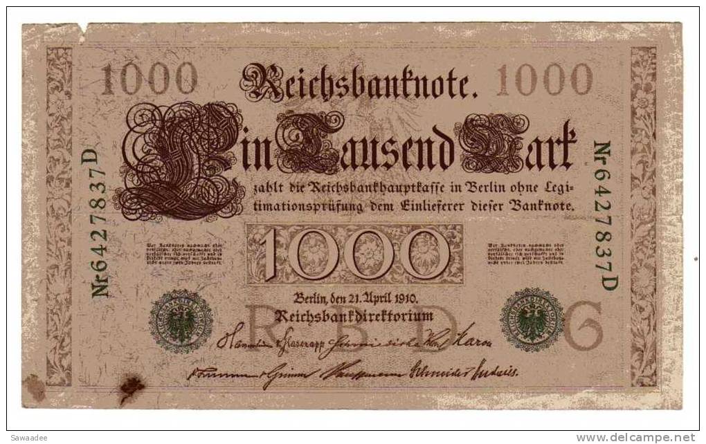 BILLET ALLEMAGNE - EMPIRE - P.45 - 1000 MARK - 21 AVRIL 1910 - TAMPON VERT - 1000 Mark