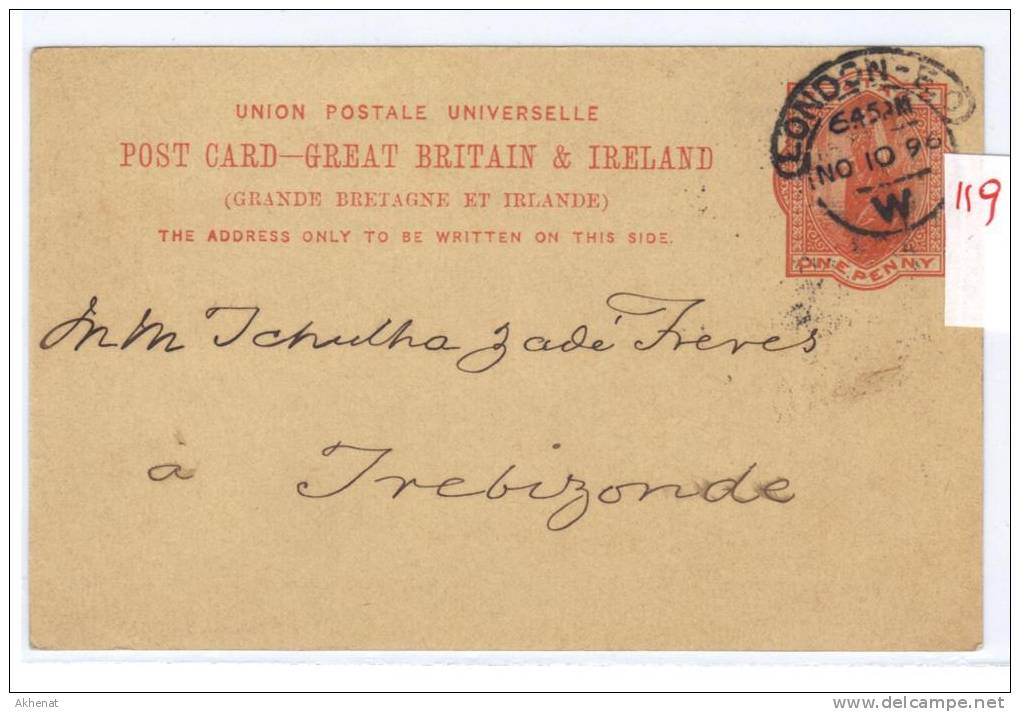 ENG119 - U.K. , Vittoria Intero  Per Trebizonde  (Turkey) Da London  10 No 1896. - Briefe U. Dokumente