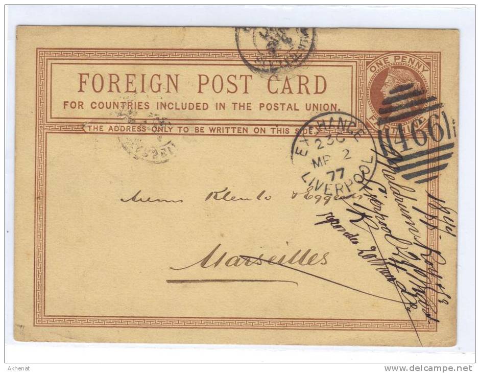 ENG122 - U.K. , Vittoria Intero  Per Marseille  (France) Da Liverpool  2 Mr 1877. - Covers & Documents