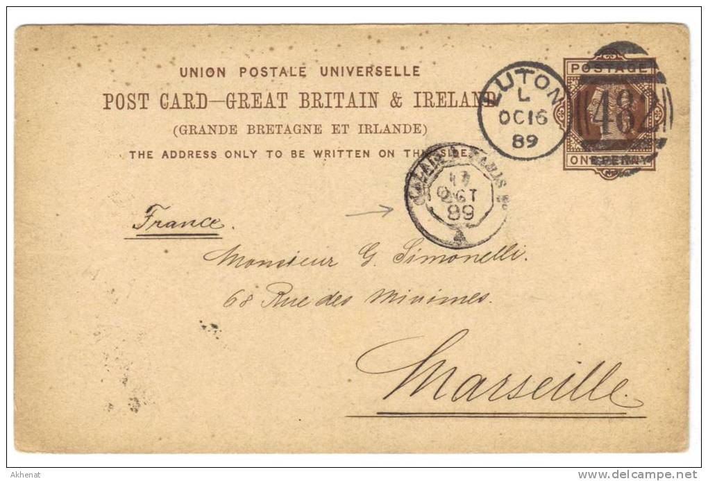 ENG130 - U.K. , Vittoria Intero  Per Marseille  (France) Da Luton  16 Oc 1889 - Lettres & Documents
