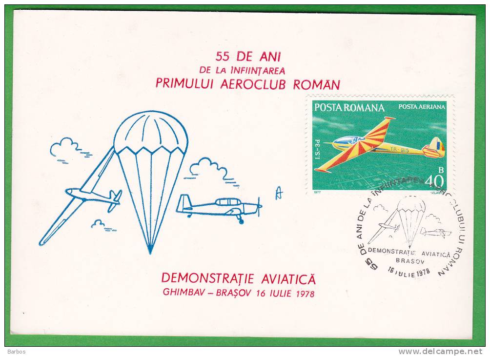 Romania.  1978.The First Roman Aeroclub-55 Years Old. Special Cancell. - Parachutisme