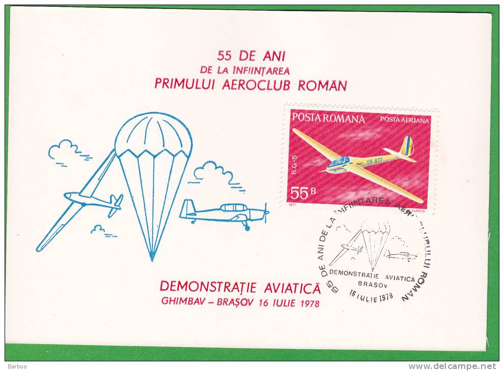 Romania.  1978.The First Roman Aeroclub-55 Years Old. Special Cancell. - Fallschirmspringen