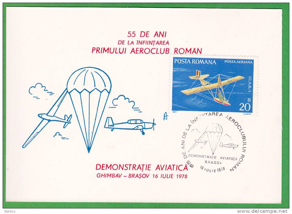 Romania , 1978 , The First Roman Aeroclub-55 Years Old ,  Special Cancell. - Fallschirmspringen