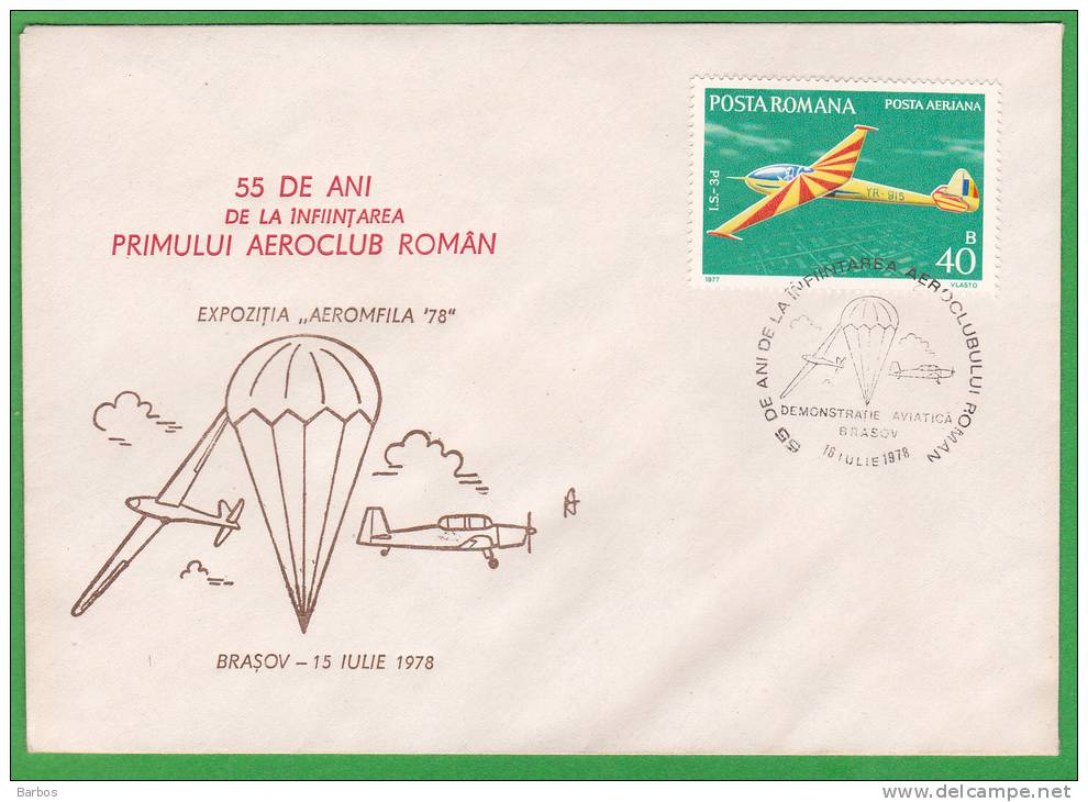 Romania ,1978 , The First Roman Aeroclub-55 Years Old. Special Cancell. - Parachutting