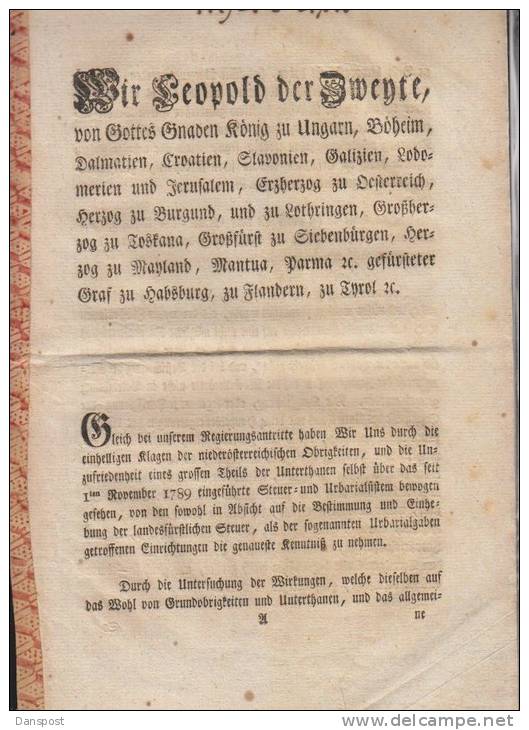 Österreiech HRR Leopold II Dokument Steuer Und Urbarialsystem 1790 - Historische Dokumente