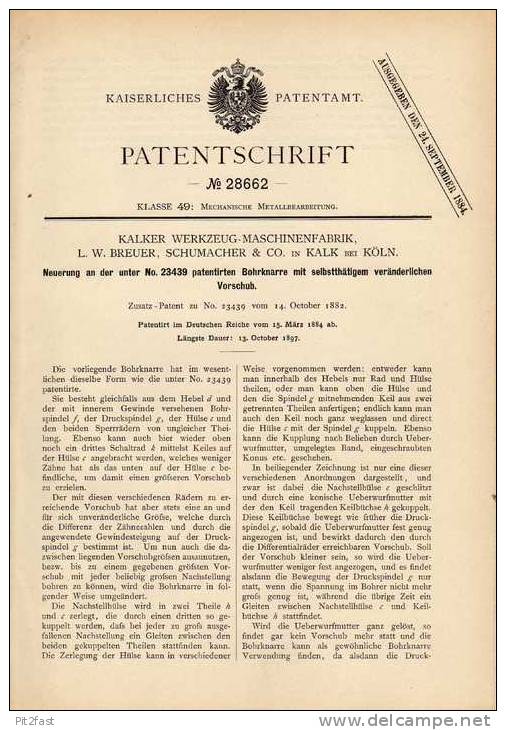 Original Patentschrift - Werkzeugfabrik In Kalk Bei Köln , 1884 , Bohrknarre , Bohrer , Knarre !!! - Antike Werkzeuge