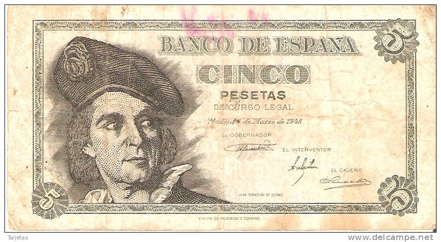 BILLETE DE ESPAÑA DE 5 PTAS DEL 1948 SERIE H CALIDAD RC (BANKNOTE) - 5 Pesetas