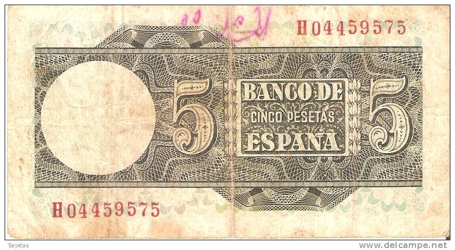 BILLETE DE ESPAÑA DE 5 PTAS DEL 1948 SERIE H CALIDAD RC (BANKNOTE) - 5 Peseten