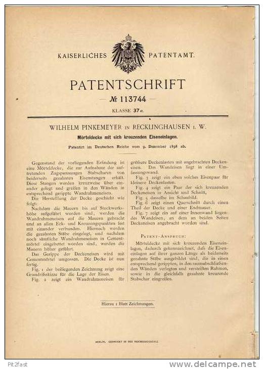 Original Patentschrift - W. Pinkemeyer In Recklinghausen I.W. ,1898, Mörteldecke Mit Einlagen , Statik , Maurer , Bau ! - Architektur