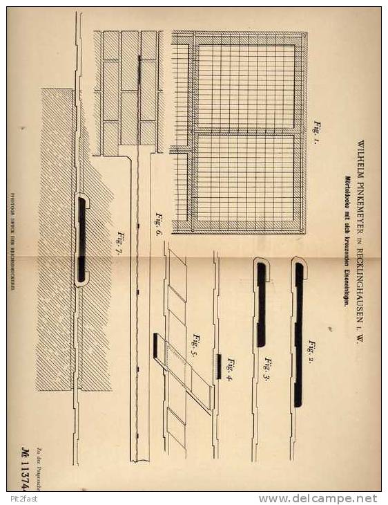 Original Patentschrift - W. Pinkemeyer In Recklinghausen I.W. ,1898, Mörteldecke Mit Einlagen , Statik , Maurer , Bau ! - Architektur