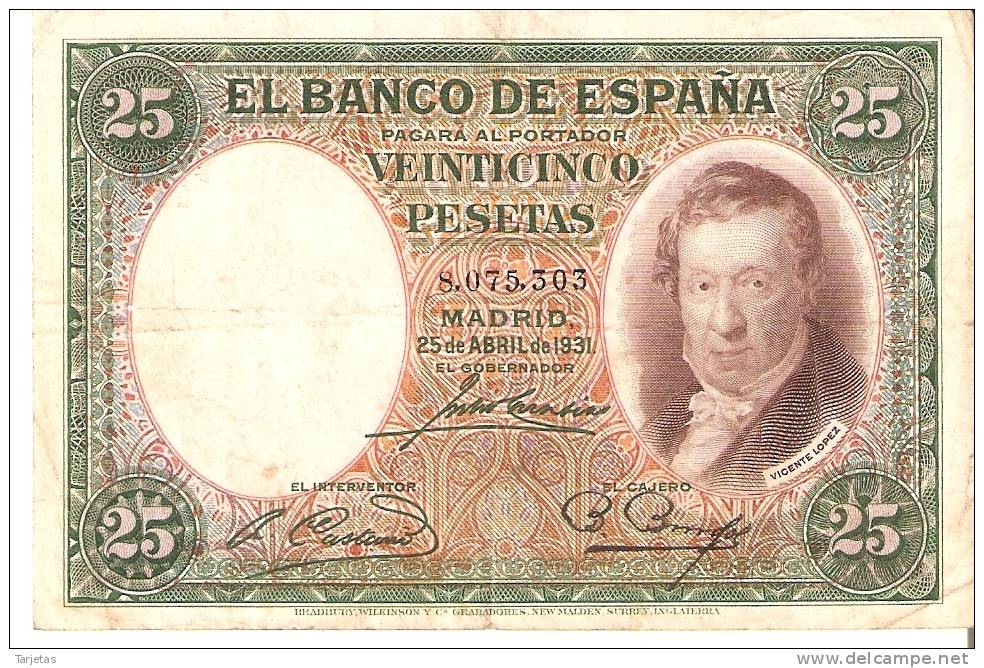 BILLETE DE ESPAÑA DE 25 PTAS DEL AÑO 1931 EN CALIDAD BC SIN SERIE - 25 Pesetas