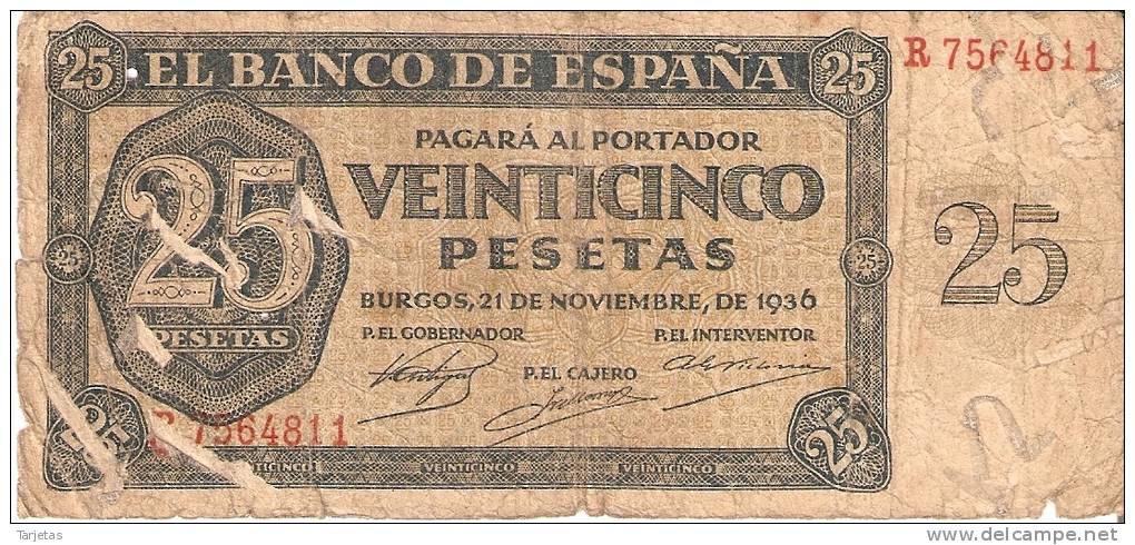 BILLETE DE ESPAÑA DE 25 PTAS DEL 21/11/1936 SERIE R  RC (BANKNOTE) - 25 Pesetas