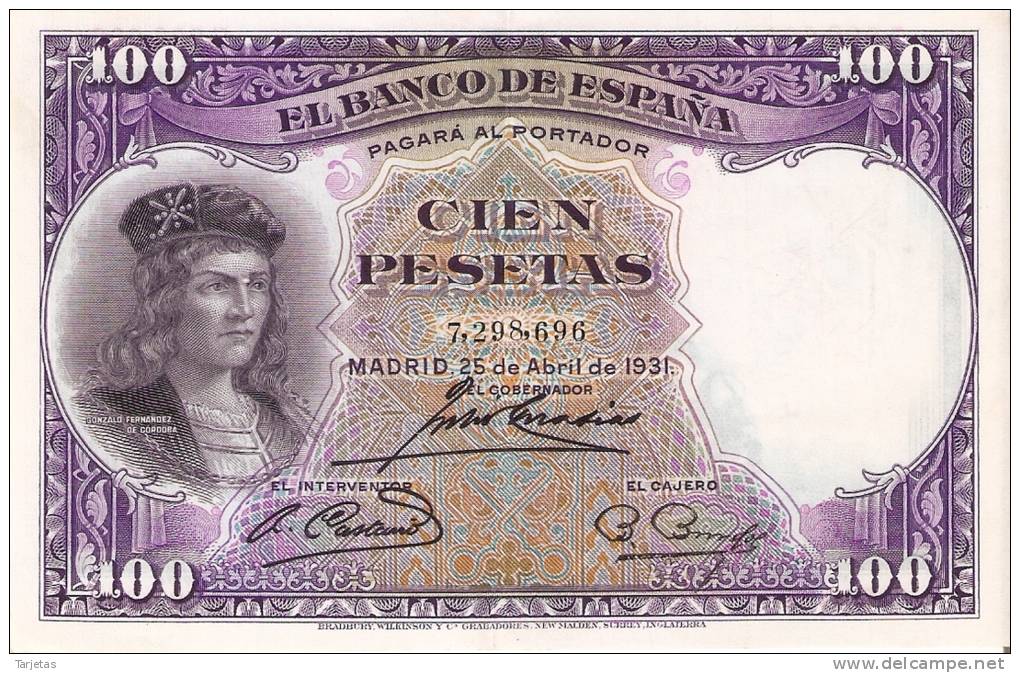 BILLETE DE ESPAÑA DE 100 PTAS DEL AÑO 1931 SIN SERIE - GONZALO DE CORDOBA - 100 Pesetas