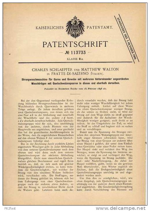 Original Patentschrift - M. Walton In Fratte Di Salerno , 1898 , Waschmaschine Für Garn Und Gewebe !!! - Macchine