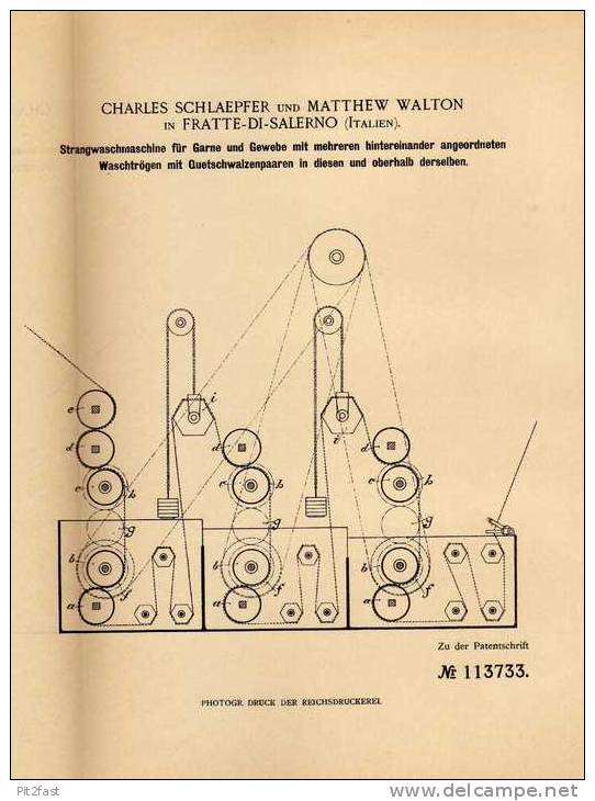 Original Patentschrift - M. Walton In Fratte Di Salerno , 1898 , Waschmaschine Für Garn Und Gewebe !!! - Macchine