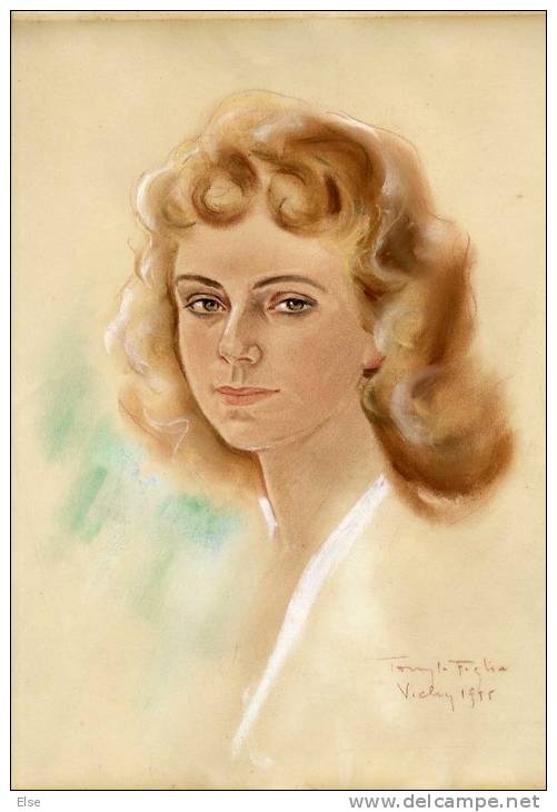 PORTRAIT DE JEUNE FEMME - PASTEL DE TONY DA FAGHIO SUR PAPIER LEGEREMENT CARTONNE - VICHY 1955 - Pastels