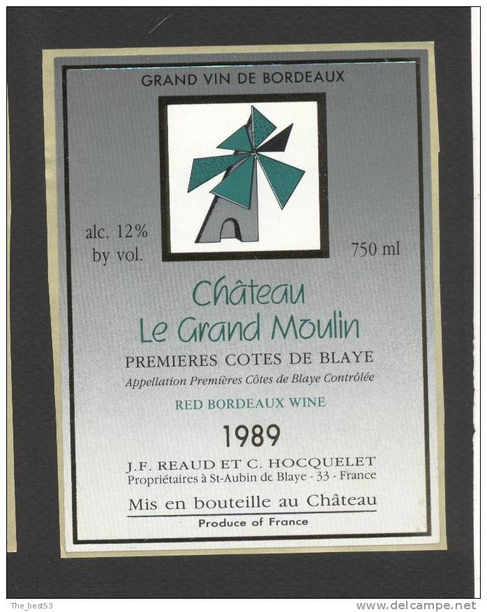 Etiquette De Vin Premières Côtes De Blaye 1989 - Chateau Le Grand Moulin - Thème Moulin à Vent - Windmills