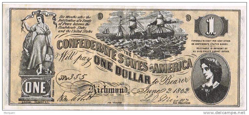 Billete Replicaof SPAIN,  1 Dolar 1862. Confederate States Of America - Divisa Confederada (1861-1864)