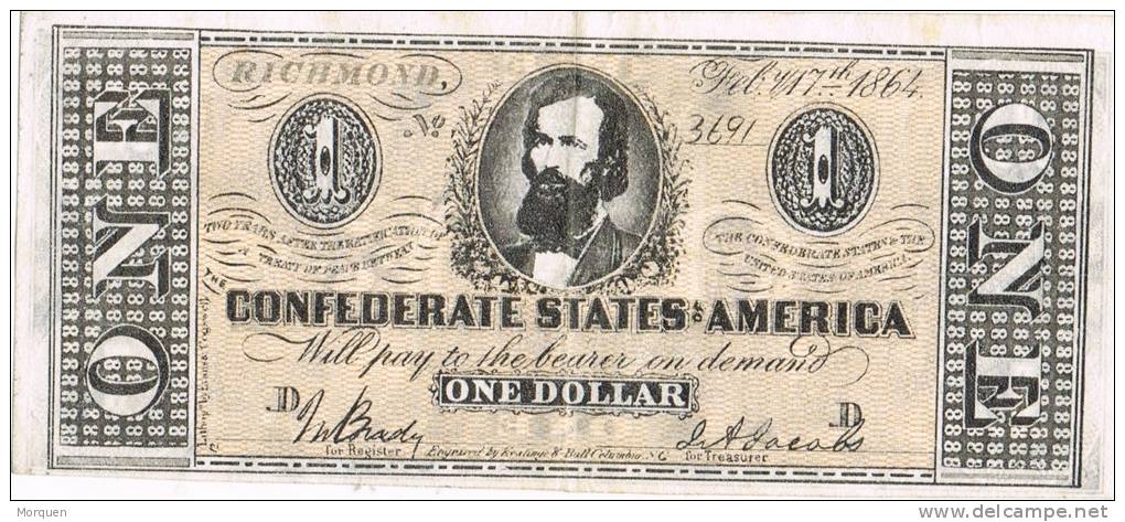 Billete Replica Of SPAIN,  1 Dolar 1864. Confederate States Of America - Devise De La Confédération (1861-1864)