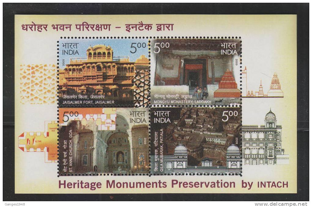 India 2008  HERITAGE MONUMENTS PRESERVATION BY INTACH M/S   GOA CHURCH  LADAKH MONESTRY  FORTS # 37406 S Inde Indien - Unused Stamps
