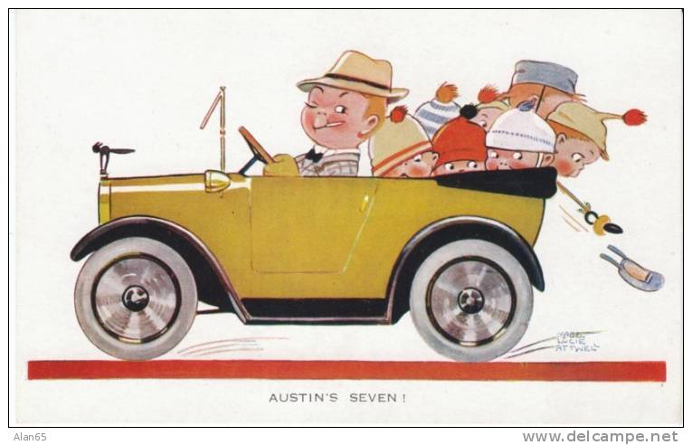 Mabel Lucie Attwell Artisti Signed, Cute Children Austin Seven Auto, C1920s/30s Vintage Postcard - Attwell, M. L.