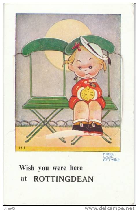 Mabel Lucie Attwell Artisti Signed, Cute Children Rottingdean Fold-out Multi Views, C1930s Vintage Postcard - Attwell, M. L.