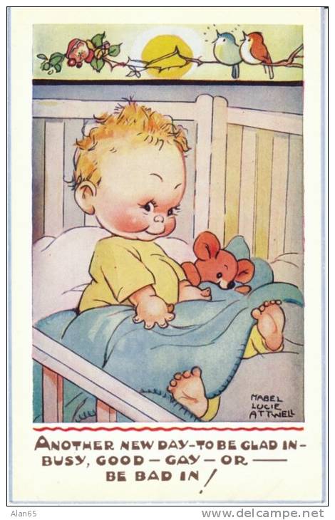 Mabel Lucie Attwell Artisti Signed, Cute Children Baby In Crib, C1930s Vintage Postcard - Attwell, M. L.