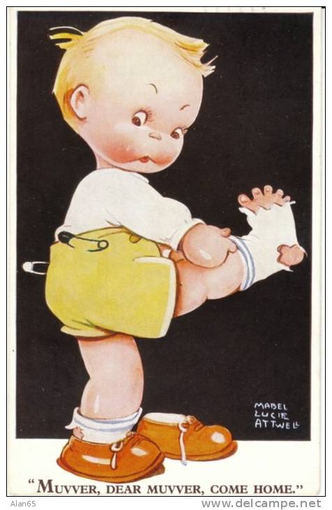 Mabel Lucie Attwell Artisti Signed, Cute Children Humor Holes In Socks Shoes C1930s Vintage Postcard - Attwell, M. L.