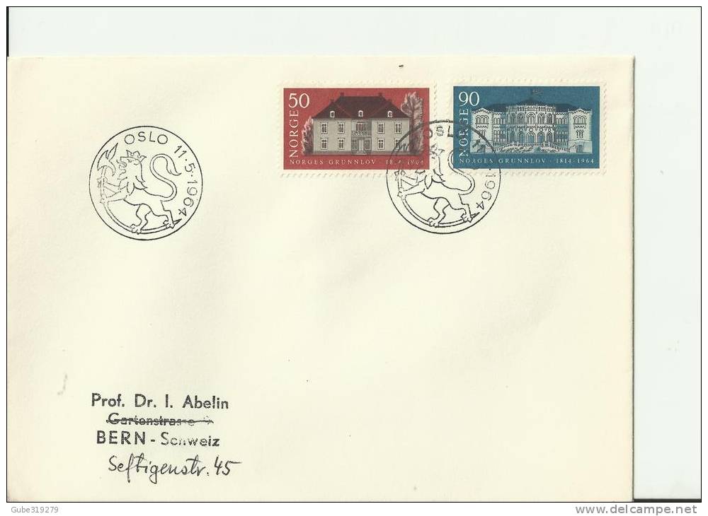 NORWAY 1964 - FDC  EDSVOLL ASSEMBLY FLOWN TO SWITZERLAND  W 2 STAMPS  OF50- 90 OSLO MAY  11 NOR 2 - FDC