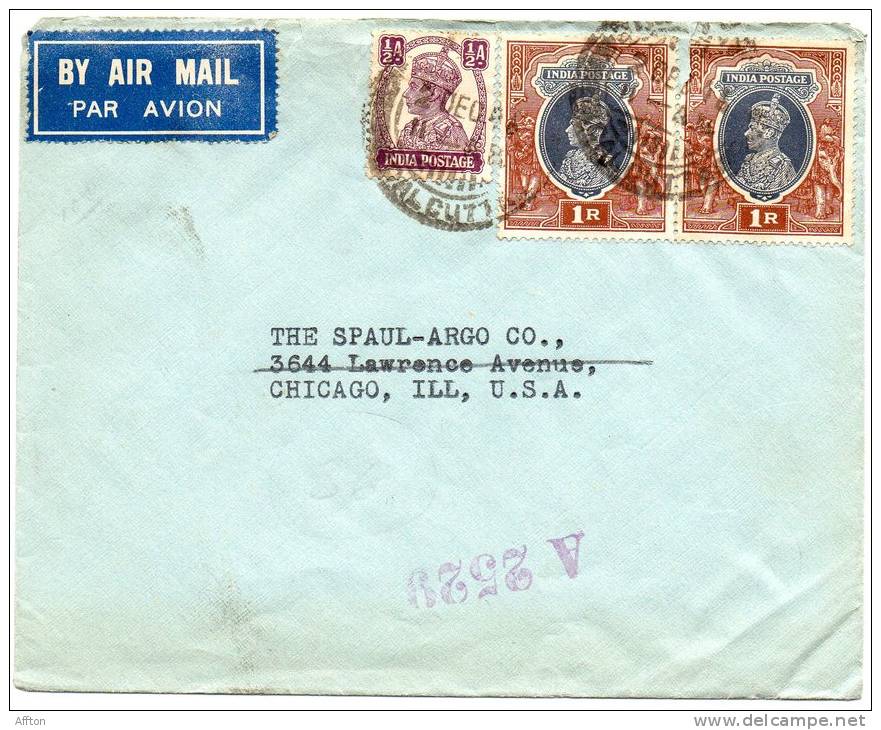 Calcutta Air Mail India Old Cover To USA - 1936-47 Koning George VI